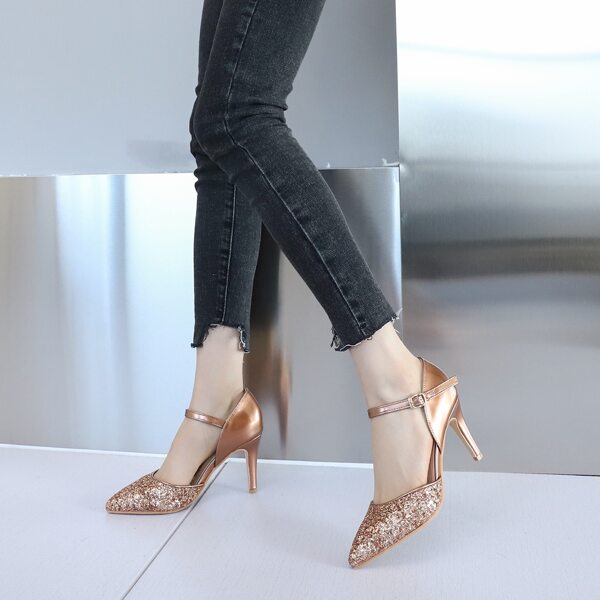 

Glitter Ankle Strap Stiletto Heeled Pumps, Champagne
