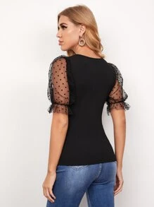 SHEIN BAE Áo thun Tương phản Mesh màu trơn Gợi cảm - màu đen - Xem 2