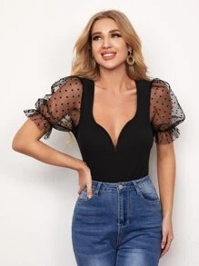 SHEIN BAE Áo thun Tương phản Mesh màu trơn Gợi cảm - màu đen - Xem 1