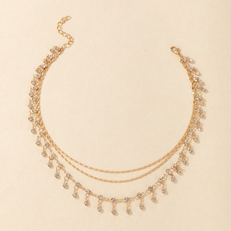 

1pc Layered Rhinestone Chain Necklace, Gold