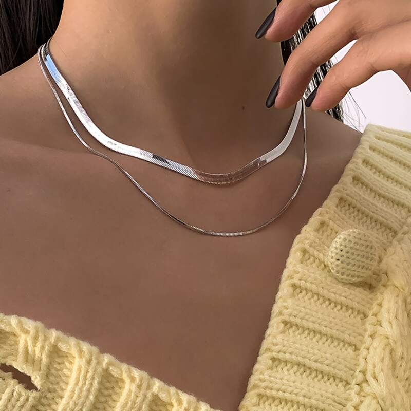 

1pc Layered Chain Necklace, Silver