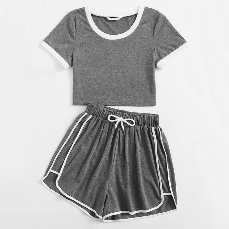 Ringer Crop Tee & Drawstring Dolphin Shorts, Grey