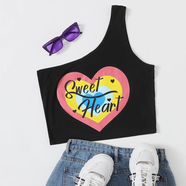 

Plus Heart & Letter Graphic One Shoulder Top, Black