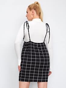 SHEIN Essnce 大碼格紋結飾肩背帶洋裝不帶T恤 - 黑色 - 查看 2
