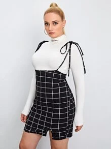 SHEIN Essnce 大碼格紋結飾肩背帶洋裝不帶T恤 - 黑色 - 查看 4