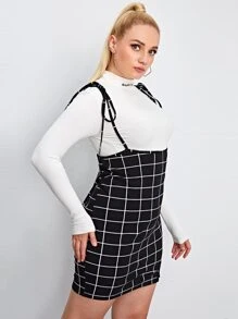 SHEIN Essnce 大碼格紋結飾肩背帶洋裝不帶T恤 - 黑色 - 查看 5