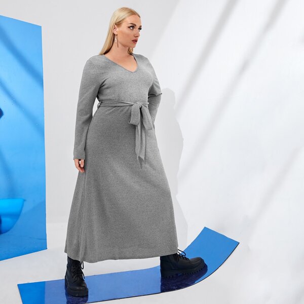 

Plus V-neck Belted Tee Dress, Grey