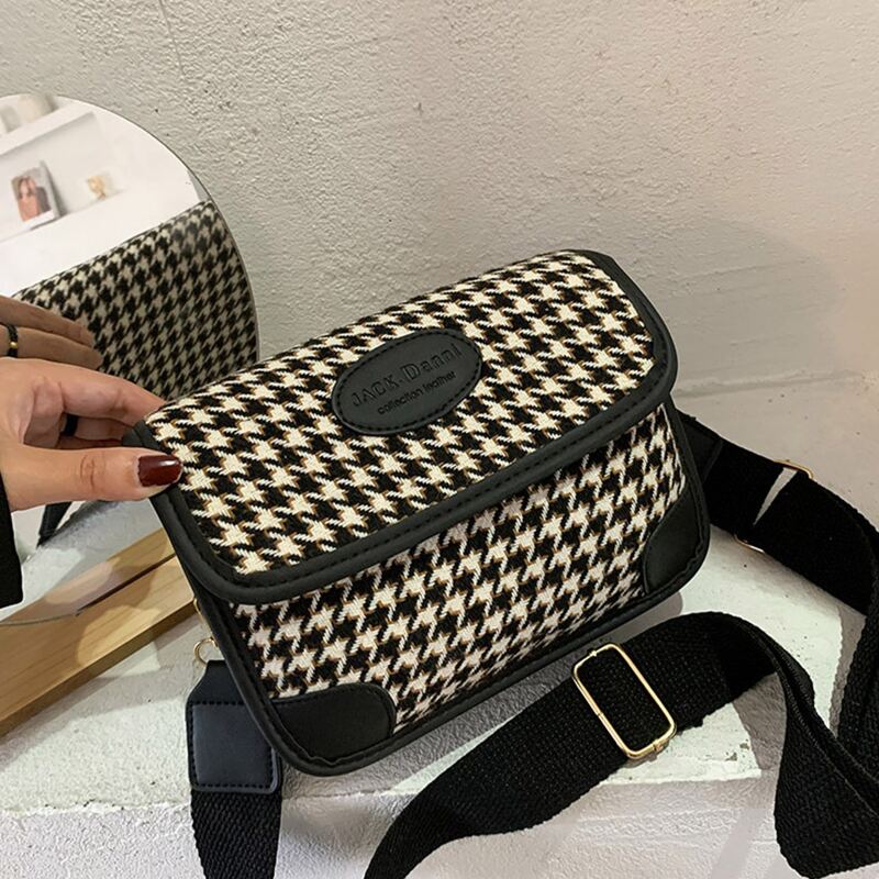 

Houndstooth Flap Crossbody Bag, Black