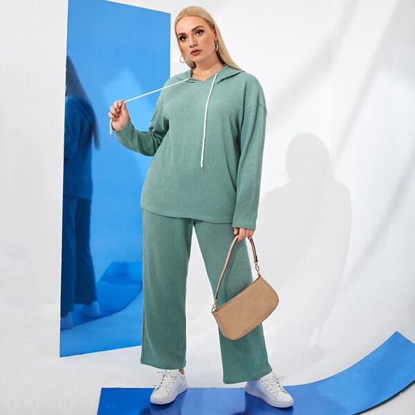 

Plus Drawstring Hoodie With Wide Leg Pants, Mint green