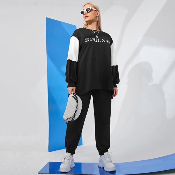 

Plus Contrast Panel Letter Graphic Sweatshirt With Joggers, Black