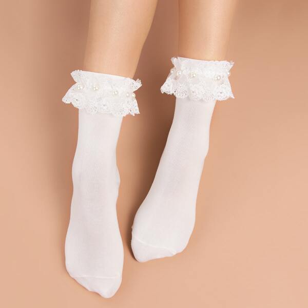 

Faux Pearl Decor Socks, White