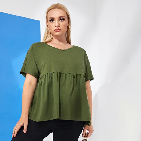 

Plus Solid Batwing Sleeve Babydoll Tee, Army green
