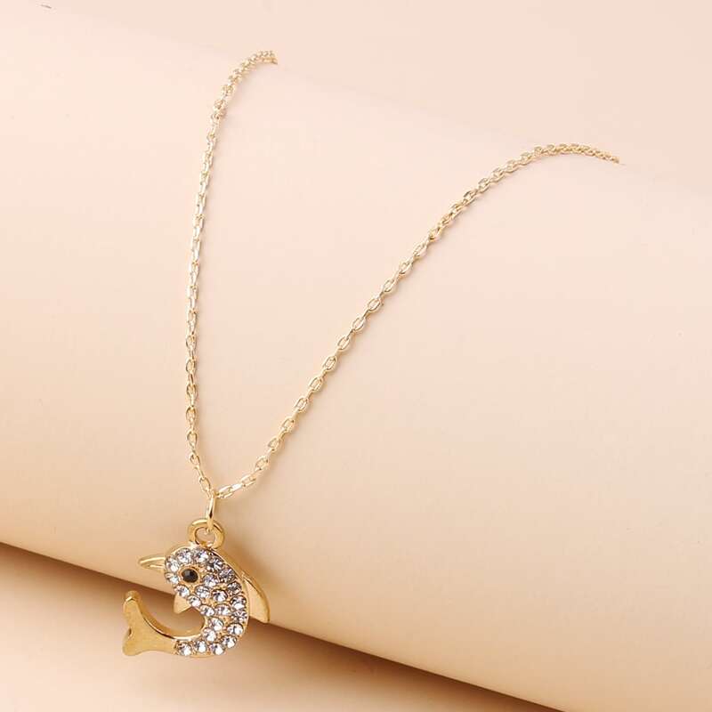 

1pc Rhinestone Dolphin Pendant Chain Necklace, Gold