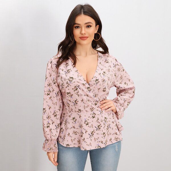 

Plus Floral Print Wrap Smock Blouse, Multicolor