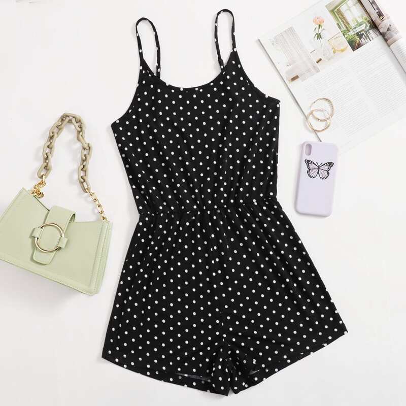 

Polka Dot Cami Romper, Black and white