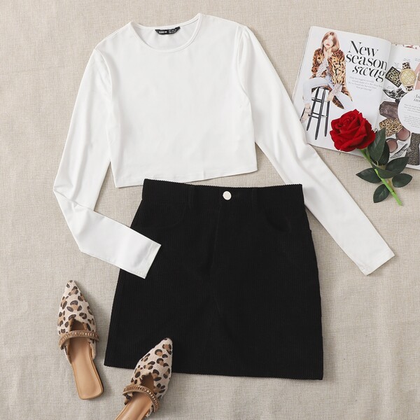 

Crop Solid Tee & Button Pocket Cord Skirt Set, Black and white