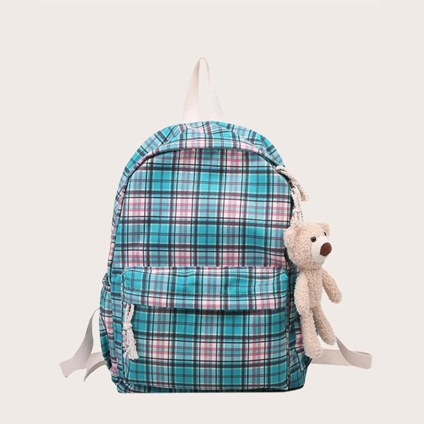 

Bear Charm Plaid Backpack, Multicolor