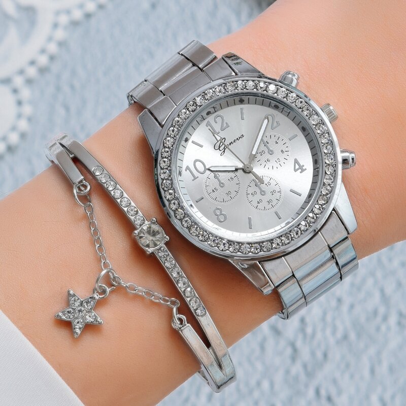 

1pc Rhinestone Decor Dial Quartz Watch & 1pc Bracelet
