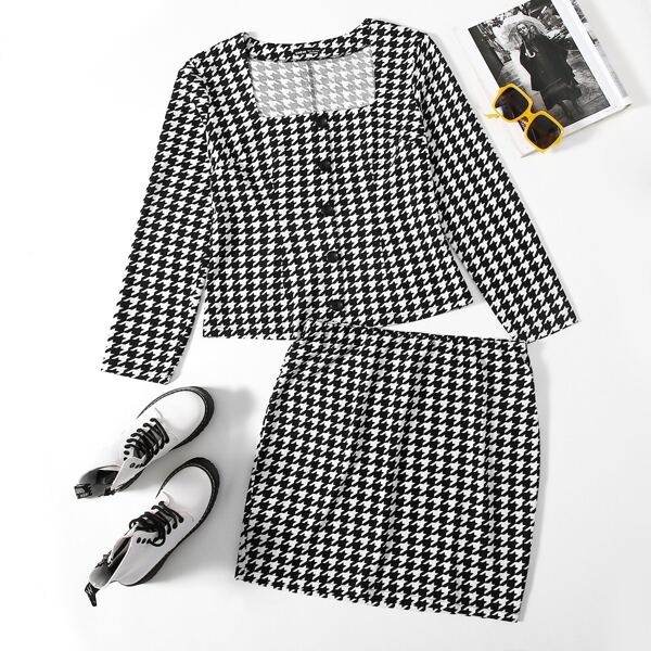 

Plus Houndstooth Square Neck Top & Pencil Skirt, Black and white