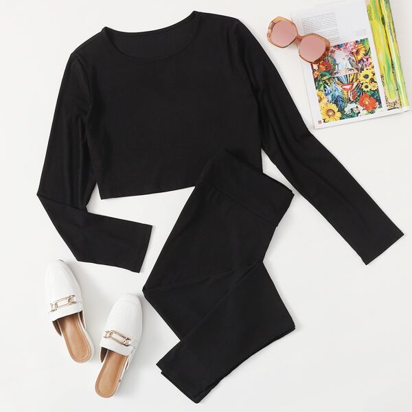 

Plus Solid Rib Tee & Leggings, Black