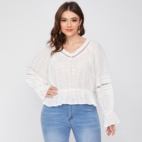 

Plus Eyelet Lace Insert Schiffy Peplum Top, White