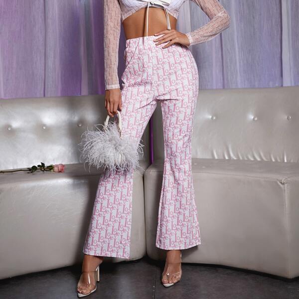 

Allover Letter Graphic Flare Pants, Baby pink