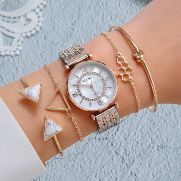 

1pc Rhinestone Decor Dial Quartz Watch & 4pcs Bracelet