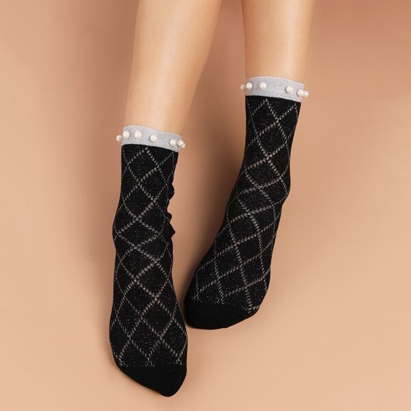 

Faux Pearl Decor Socks, Black
