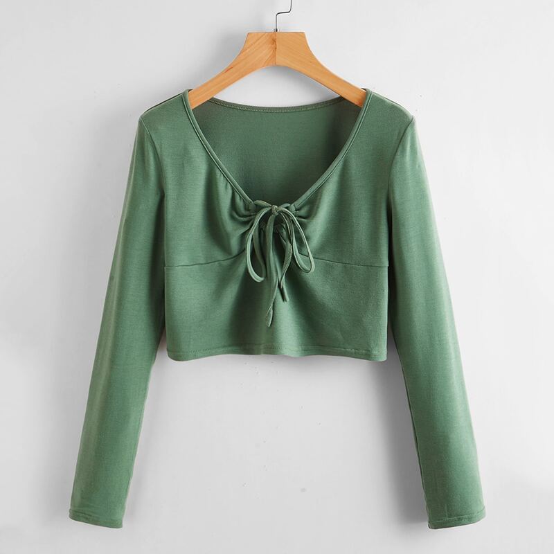 

Solid Tie Front Crop Tee, Green