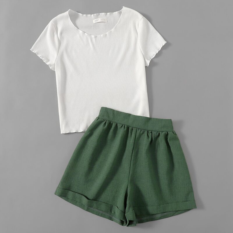 

Solid Ribbed Tee & Cuffed Shorts, Multicolor