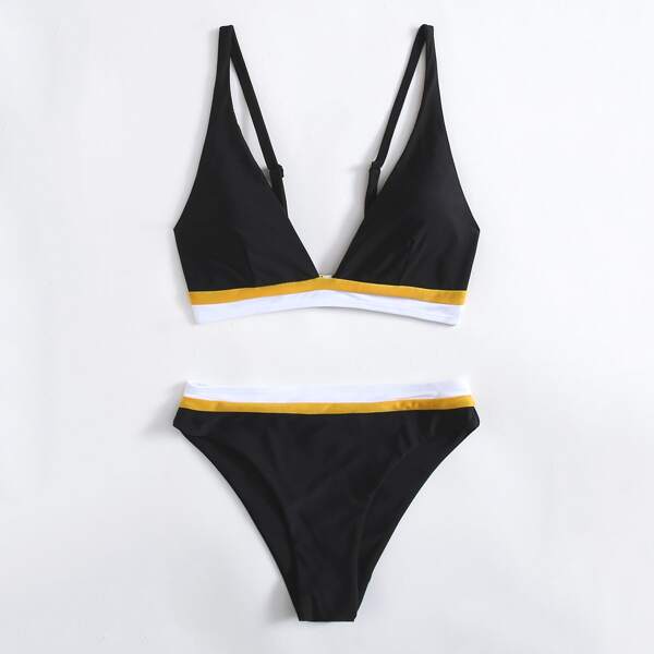

Striped Trim Bikini Swimsuit, Black