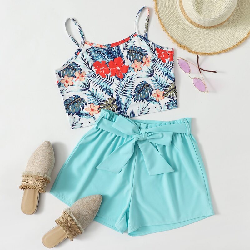 

Tropical Print Crop Cami & Belted Shorts, Multicolor