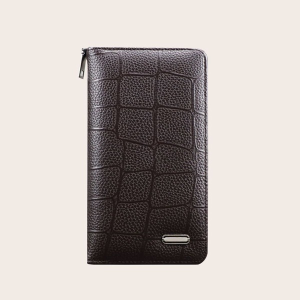 

Men Metal Decor Textured Long Wallet, Brown