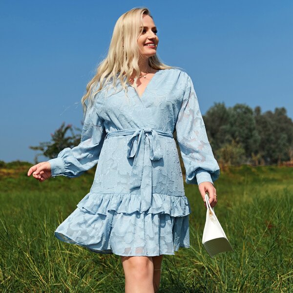 

Plus Bishop Sleeve Self Belted Layered Dress, Baby blue