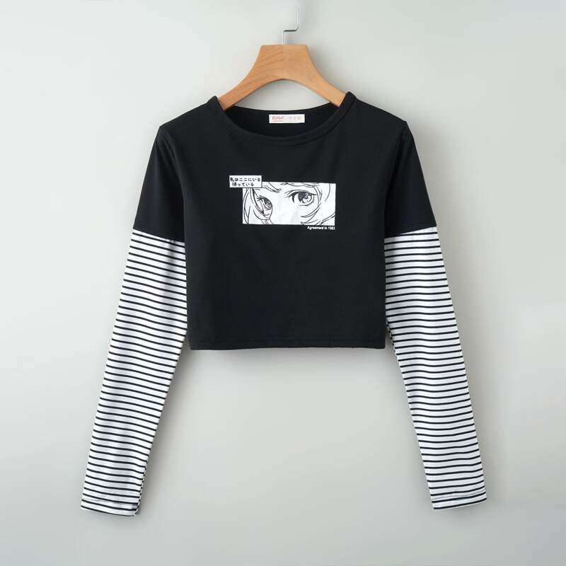 

2 In 1 Figure Graphic Striped Tee, Black