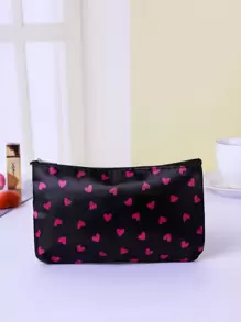 Heart Pattern Zipper Makeup Bag - Black - View 1