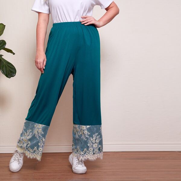 

Plus Eyelash Lace Hem Pants, Teal blue