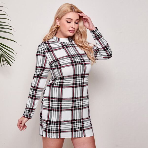 

Plus Plaid Stand Collar Dress Without Belt, Multicolor
