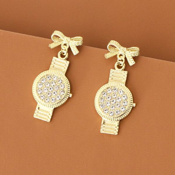 

Rhinestone Decor Watch Charm Drop Earrings, Gold