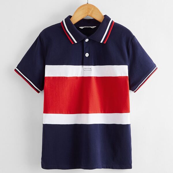 

Boys Striped Trim Colorblock Polo Shirt, Multicolor