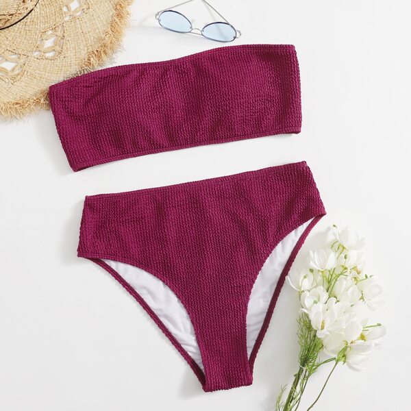

Plus Textured Bandeau Bikini Swimsuit, Burgundy
