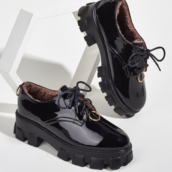 

Lace-up Front Faux Fur Lined Oxfords, Black