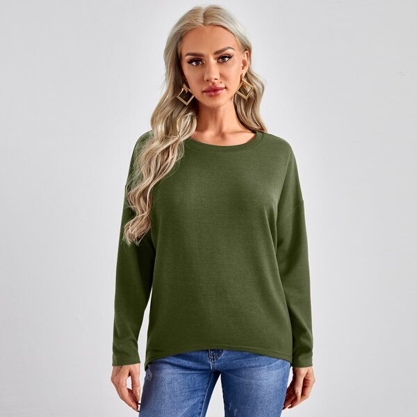 

Round Neck Solid Drop Shoulder Tee, Army green