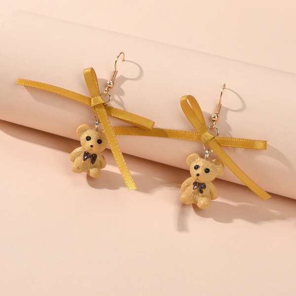 

Bow & Bear Charm Drop Earrings, Gold