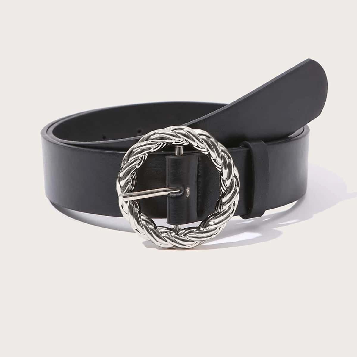 

Round Buckle PU Belt, Black