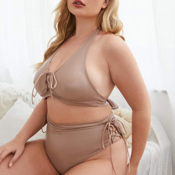 

Plus Lace-up Halter PU Lingerie Set, Khaki
