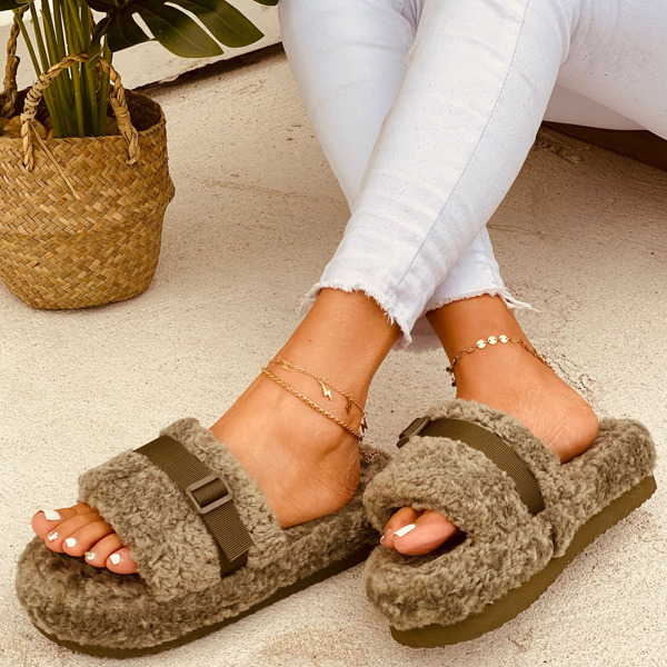 

Open Toe Faux Fur Slippers, Green