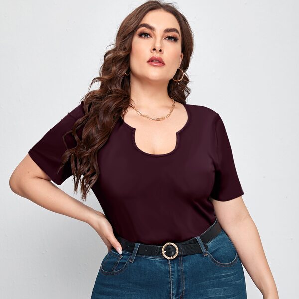 

Plus Notched Neck Solid Tee, Maroon
