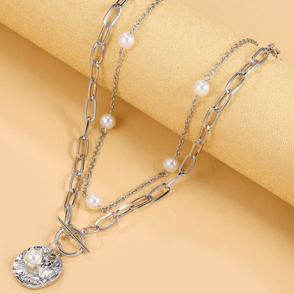 

2pcs Faux Pearl Decor Necklace, Silver