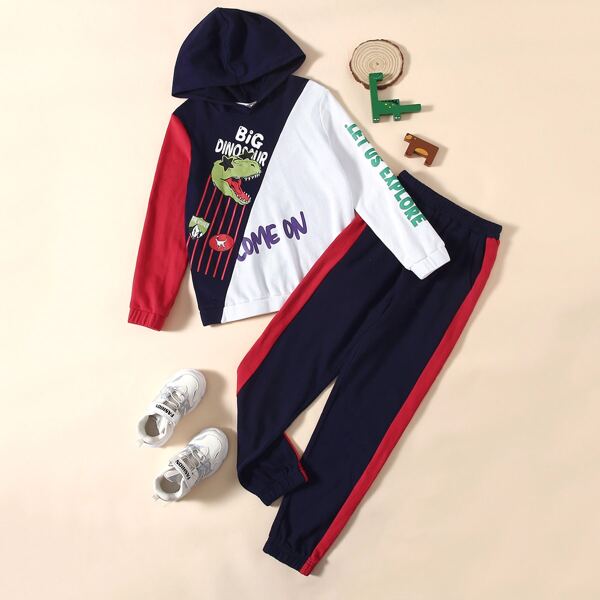 

Boys Letter & Dinosaur Print Hoodie and Contrast Sideseam Sweatpants Set, Multicolor